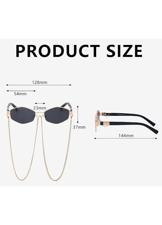 Ochelari de soare dama HERUSI hexagonali aurii cu lant detasabil UV400 58x50mm