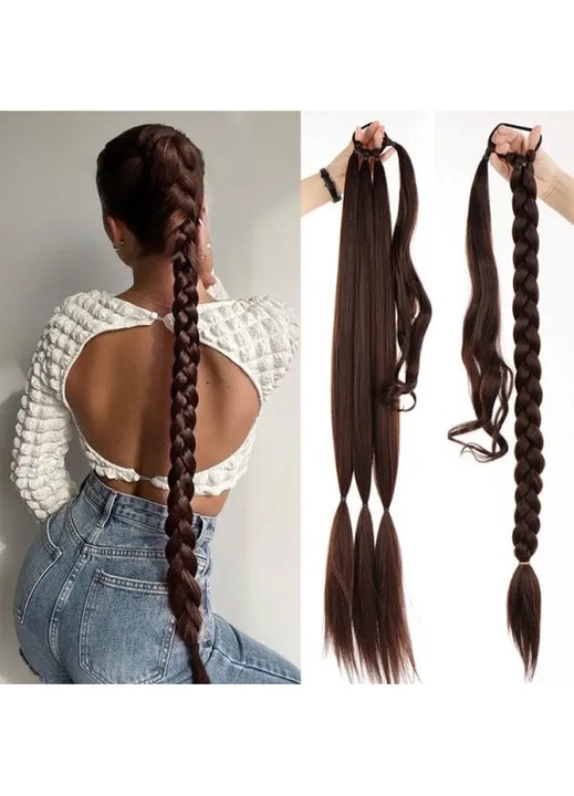 Extensie Coada Impletita HERUSI, Fibra Termorezistenta, Clip-On, Maro Inchis, 80cm