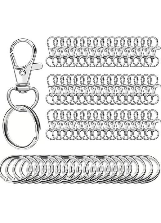 HERUSI kulcstartó szett 50 karabiner 50 gyűrű ezüst 3.2x2.5cm