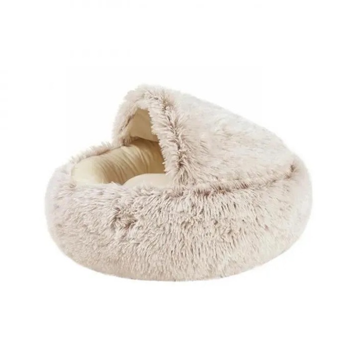 Cuib semi-inchis pentru pisici si caini mici, plus moale, 65cm, bej