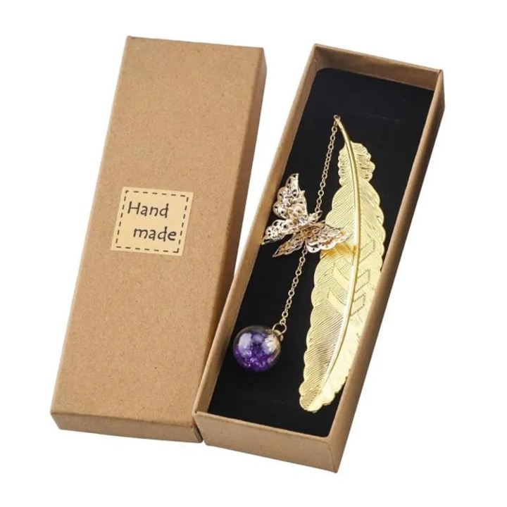 Semn de carte metalic, pene, auriu, 15x3cm