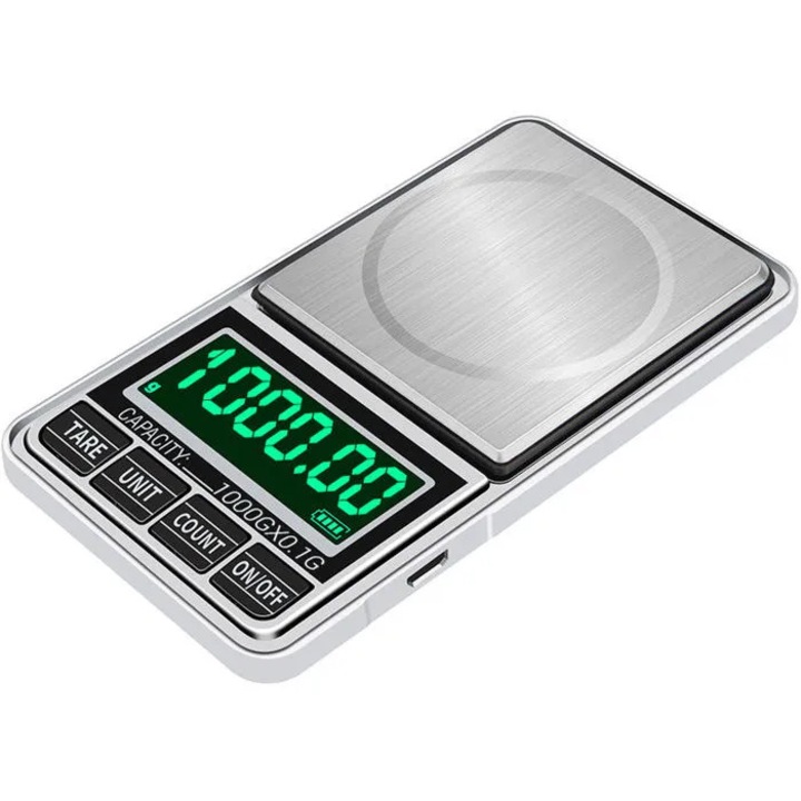 Cantar de buzunar, 1kg, precizie 0,1g, gri, 112x65x17mm