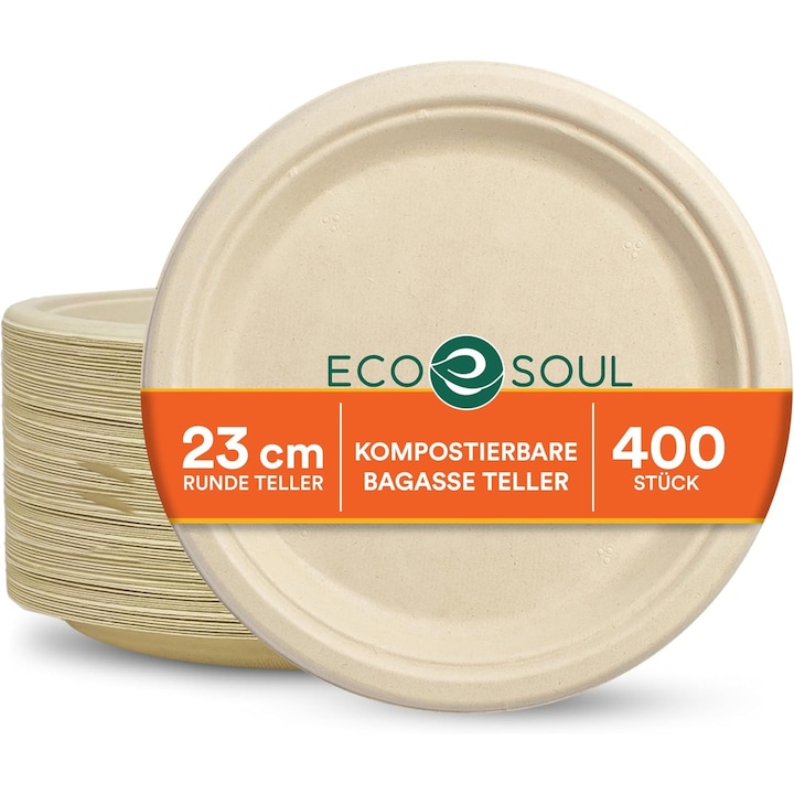 Еднократни чинии, ECO SOUL, 25 см, 400 броя, компостируеми, биоразградими, подходящи за микровълнова фурна, подходящи за фризер, устойчиви на срязване и протичане, бежови, комплект от 400, влакна от захарна тръстика
