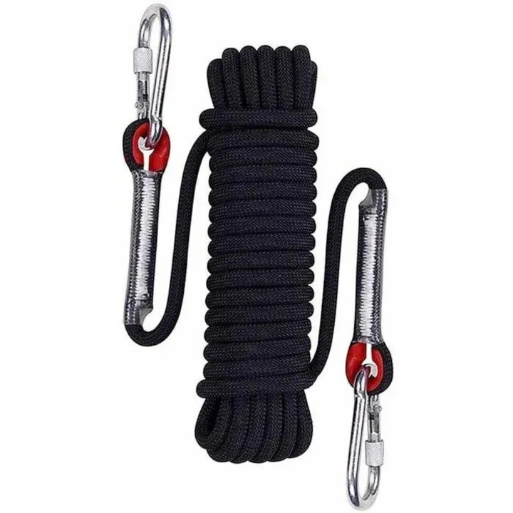 Fonott nylon hegymászókötél 15m fekete 10mm karabinerekkel