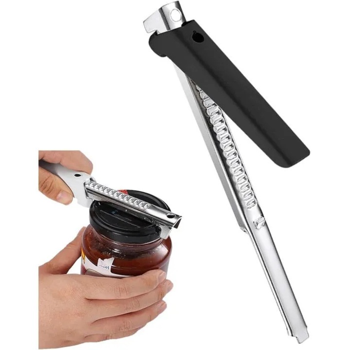 Fekete multifunkcionális konzervnyitó, állítható, 10 cm, kompakt, ergonomikus