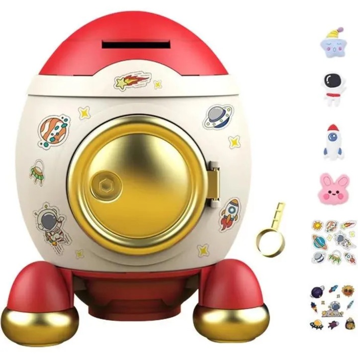 Tirelire racheta astronaut cu stickere si cheie, decor multicolor, 15x10x10cm