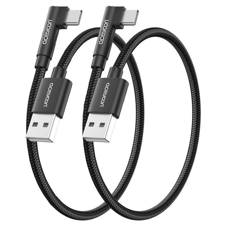 Set de 2 cabluri aceyoon, USB-A la USB-C, incarcare rapida, 50 cm, unghi 90 grade, 3A, culoare negru