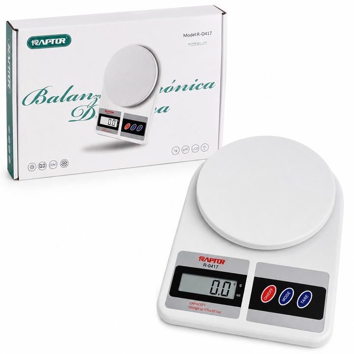 RAPTOR R-0417 Elektronikus Konyhai Mérleg, LCD, Tára funkció, 1g pontosság, 5 kg kapacitás, Fehér