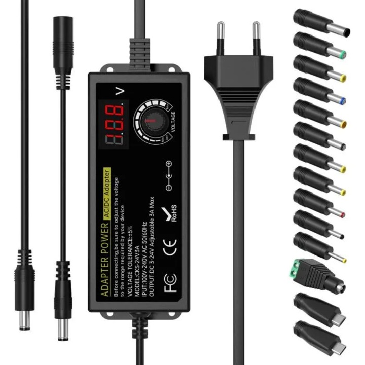 Univerzális adapter 72W állítható 3V-12V-24V LED kijelzővel és 14 csatlakozóval
