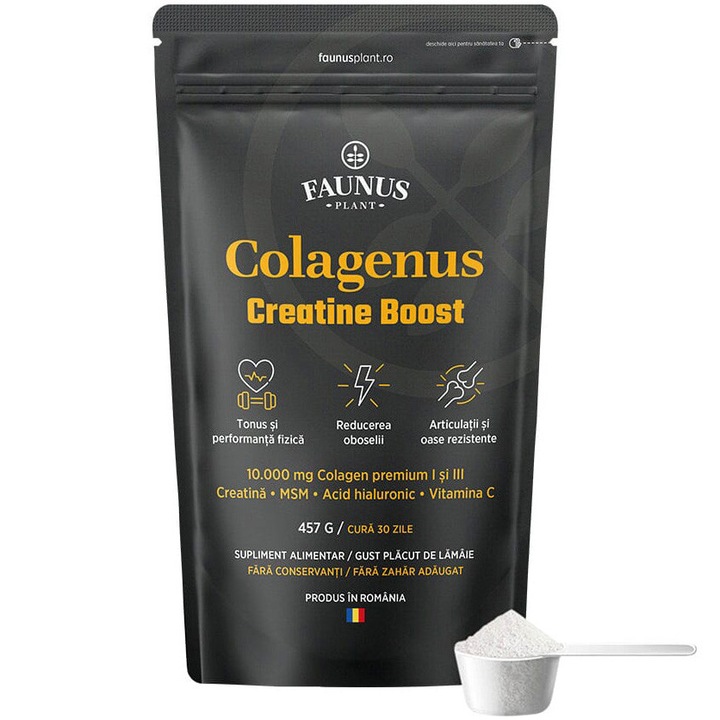 Colagenus Creatine Boost – Colagen pudra cu acid hialuronic si creatina. Colagen tip 1 si 3 pentru masa musculara, articulatii sanatoase si piele hidratata. Pudra 450g