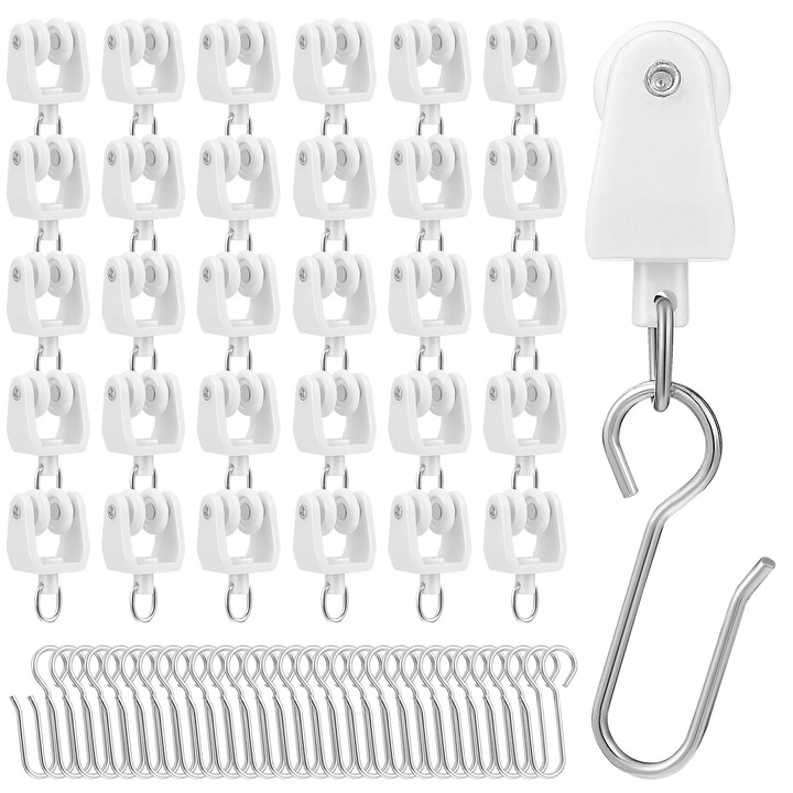 Role glisante pentru sina perdea ZYBLSSBB, plastic si metal, alb/argintiu, set 30 buc