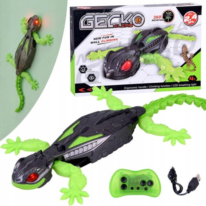 Robot interactiv ZAXER, gecko, soparla, rotatie 360°, merge pe pereti si suprafete, ochi LED, raza de actiune a telecomenzii de 8 m, miscari flexibile, cadou pentru baieti si fete, 3+ ani, verde si negru