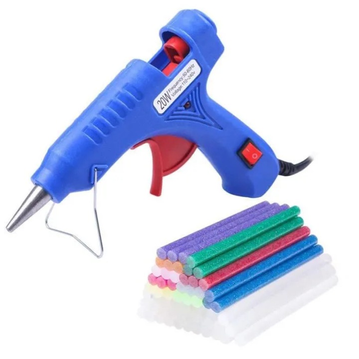 Pistol de lipit 20W 7mm 10cm cu 60 batoane lipici multicolor