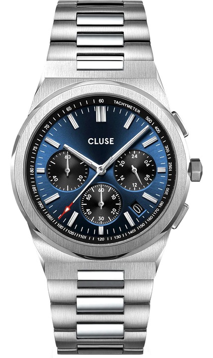 Cluse Vigoureux Chronograph férfi karóra, ezüst színű tok, fekete számlap, rozsdamentes acél szíj, kvarc szerkezet