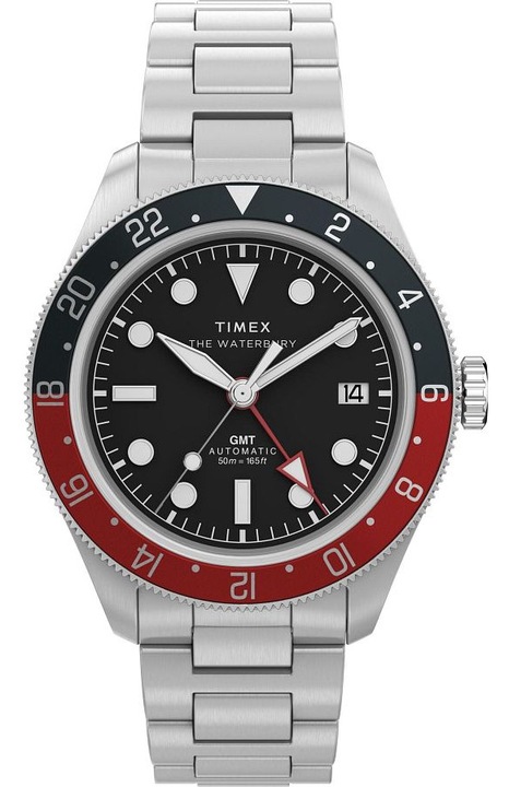 Timex Waterbury Heritage GMT Automata férfi óra, ezüst szín, fekete számlap, rozsdamentes acél tok, 50m vízállóság