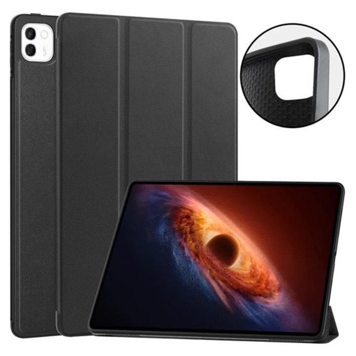 Gigapack tabletvédő álló, bőr hatású, aktív flip, oldalra nyíló, trifold, asztali tartó, fekete, kompatibilis: Honor MagicPad 4