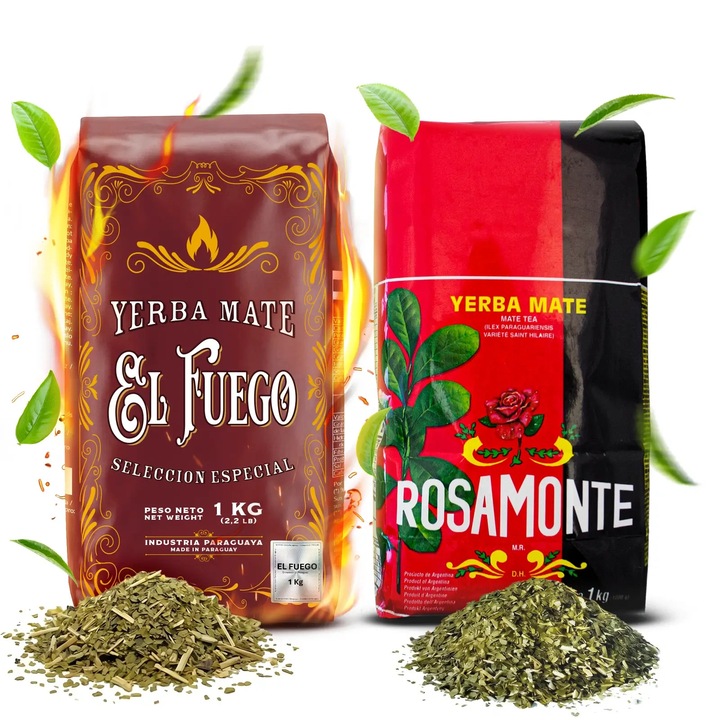 Yerba Mate Tea Készlet, El Fuego, Elaborada, Paraguay, Rosamonte, Elaborada Con Palo, Argentína, Intenzív Füstös Aroma És Klasszikus Íz, Természetes Energiaforrás, Erős Élénkítő Hatás, Kiváló Minőség, 2x1 kg