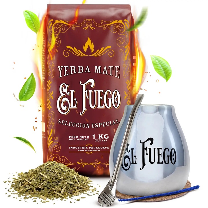 Yerba Mate Tea Készlet, El Fuego, Elaborada, Paraguay, Ezüst Színű Kerámia Kancsó, 350 ml, Gringo Bombilla, 15, 5 cm, Uszó Es Tisztító Tartó, Hagyományos Barbacua Eljárás, Intenzív Füstös Iz, Erős Elénkítő Hatás, Kiváló Minőség, 1 kg