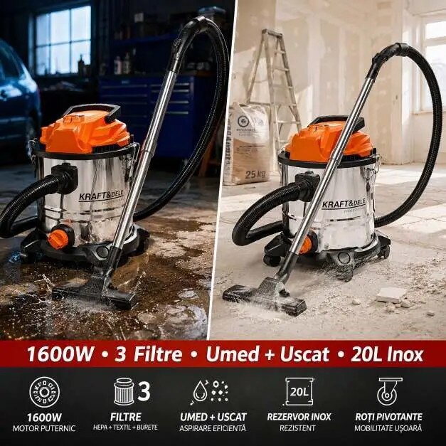 Aspirator umed uscat Kraft&Dele, 20L inox, 1600W, filtru HEPA, functie suflare, KD5178