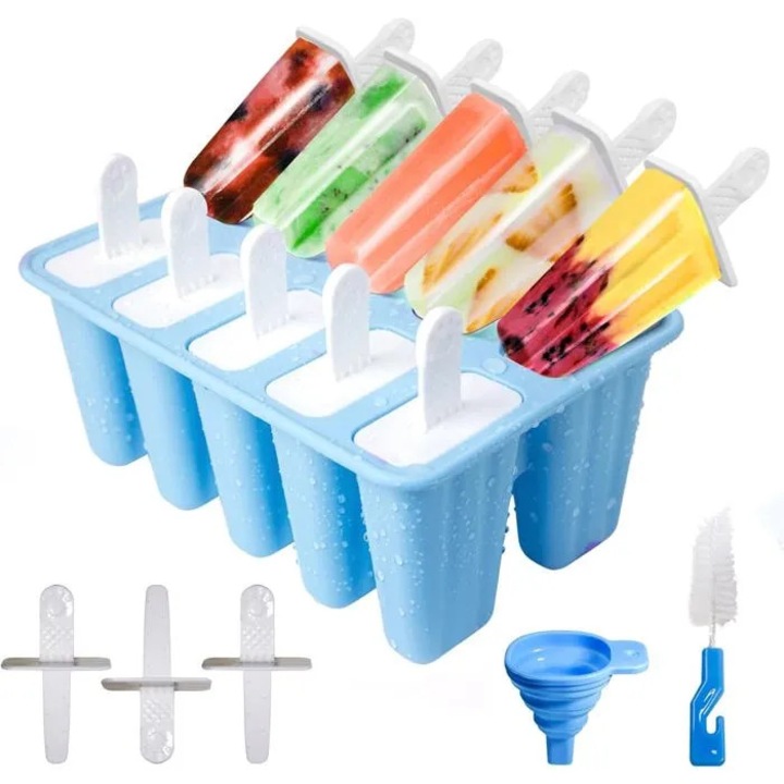 Set forme pentru inghetata pe bat K0441-0728-QH654 din silicon, 10 cavitati, fara BPA, include 10 betisoare, palnie pliabila si perie de curatare, albastru