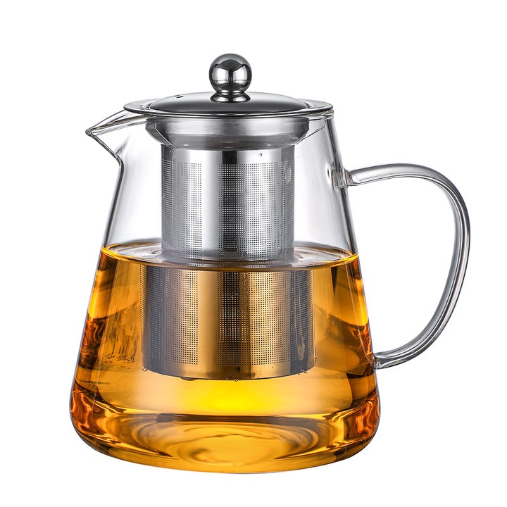Háromszög alakú teáskanna, boroszilikát üveg, rozsdamentes acél szűrő, 1200ml, átlátszó