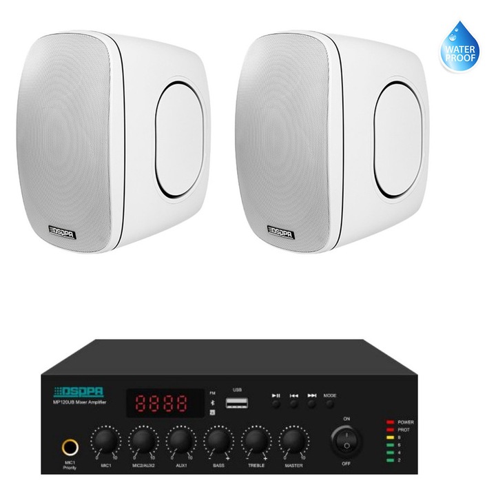 Sistem de Sonorizare Terasa 100W pe 100V cu amplif. DSPPA MP120UB si 2x boxe DSP6050 Alb