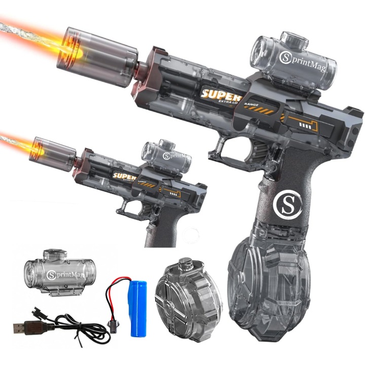 Pistol cu Apa Electric Automat Speed Amortizor LED Interactiv Acumulator Reincarcabil 3.7V incarcare USB Jet Puternic Distanta de Tragere 10 Metri Negru SprintMag®
