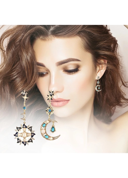 Cercei dama, soare si luna, opal, diamant, asimetric