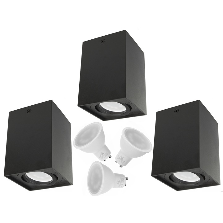 Felületre szerelhető mennyezeti lámpa, spot, négyzet alakú, alumínium, 80x80x115mm, fekete + 3x 5W LED izzó