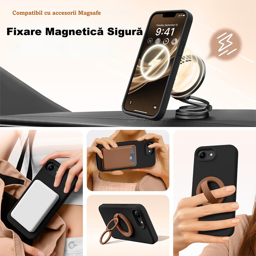 Husa Magnetica Compatibila cu iPhone 17e si iPhone 16e, MOGU, Soft Silicone Lichid Cu Interior Microfibra, Compatibila cu MagSafe, Incarcare Wireless, Rezistenta la Socuri, Buton de Control al Camerei din Silicon, Ultra Slim, Negru