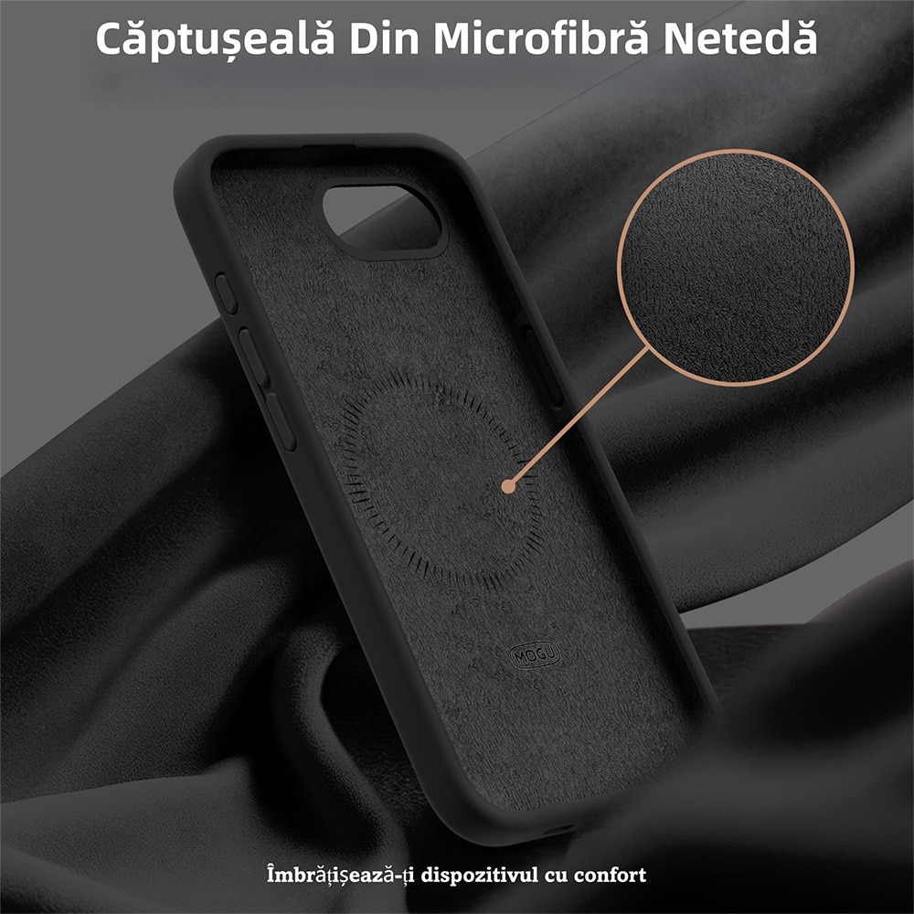 Husa Magnetica Compatibila cu iPhone 17e si iPhone 16e, MOGU, Soft Silicone Lichid Cu Interior Microfibra, Compatibila cu MagSafe, Incarcare Wireless, Rezistenta la Socuri, Buton de Control al Camerei din Silicon, Ultra Slim, Negru