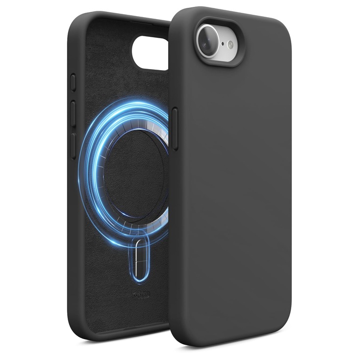 Husa Magnetica Compatibila cu iPhone 17e si iPhone 16e, MOGU, Soft Silicone Lichid Cu Interior Microfibra, Compatibila cu MagSafe, Incarcare Wireless, Rezistenta la Socuri, Buton de Control al Camerei din Silicon, Ultra Slim, Negru