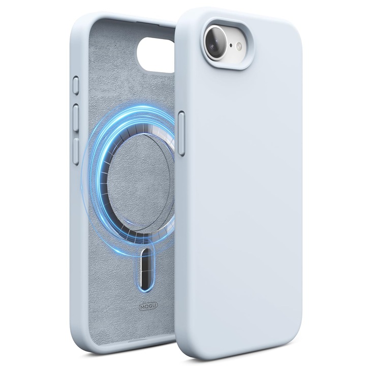 Husa Magnetica Compatibila cu iPhone 17e si iPhone 16e, MOGU, Soft Silicone Lichid Cu Interior Microfibra, Compatibila cu MagSafe, Incarcare Wireless, Rezistenta la Socuri, Buton de Control al Camerei din Silicon, Ultra Slim, Albastru Deschis