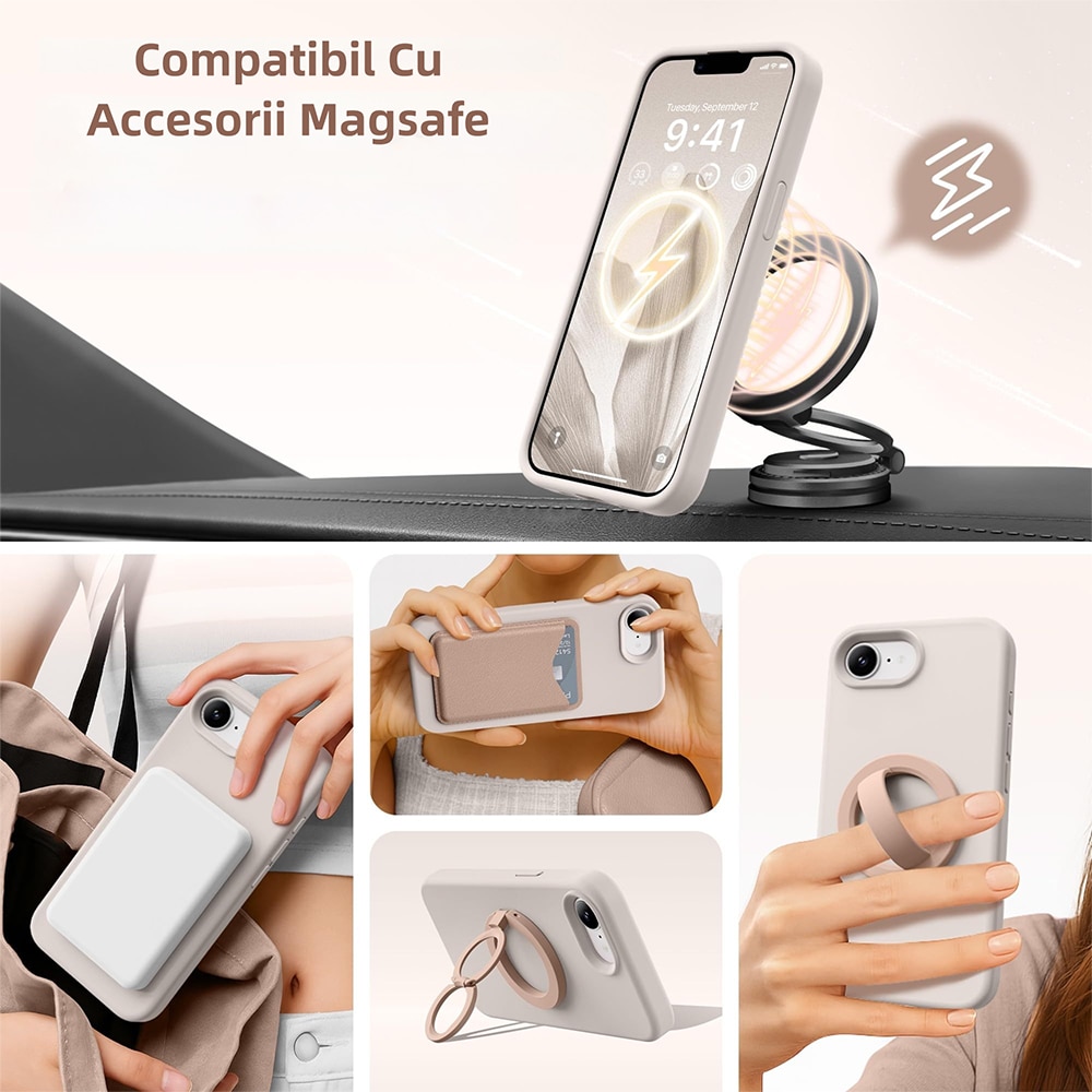Husa Magnetica Compatibila cu iPhone 17e si iPhone 16e, MOGU, Soft Silicone Lichid Cu Interior Microfibra, Compatibila cu MagSafe, Incarcare Wireless, Rezistenta la Socuri, Buton de Control al Camerei din Silicon, Ultra Slim, Gri-maro