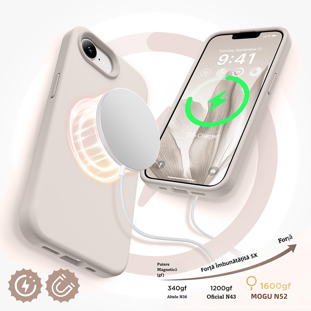 Husa Magnetica Compatibila cu iPhone 17e si iPhone 16e, MOGU, Soft Silicone Lichid Cu Interior Microfibra, Compatibila cu MagSafe, Incarcare Wireless, Rezistenta la Socuri, Buton de Control al Camerei din Silicon, Ultra Slim, Gri-maro