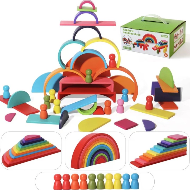 Set Montessori construcții creative din lemn curcubeu Rainbow Blocks