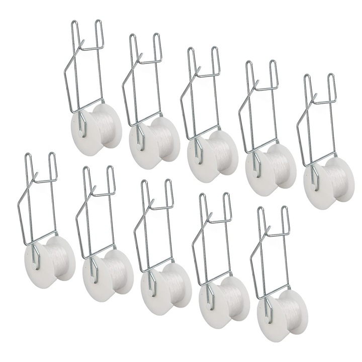 Set 10 carlige rulante pentru plante, otel galvanizat, rezistente la caldura, cu sfoara 15m, 5.1x15.5cm