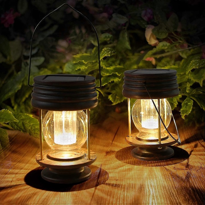 Set 2 lanterne solare suspendate, LED, vintage, IP44, 1,2V, 600mAh, 6-10h, negru