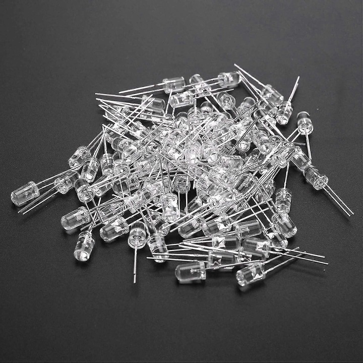 LED 5mm, 100 buc, alb cald, 3V, 20mA, transparent