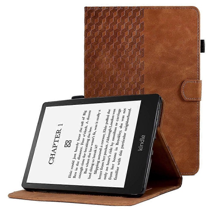 Husa piele PU si TPU pentru Amazon Kindle Paperwhite 5, maro, protectie 360°, suport ajustabil