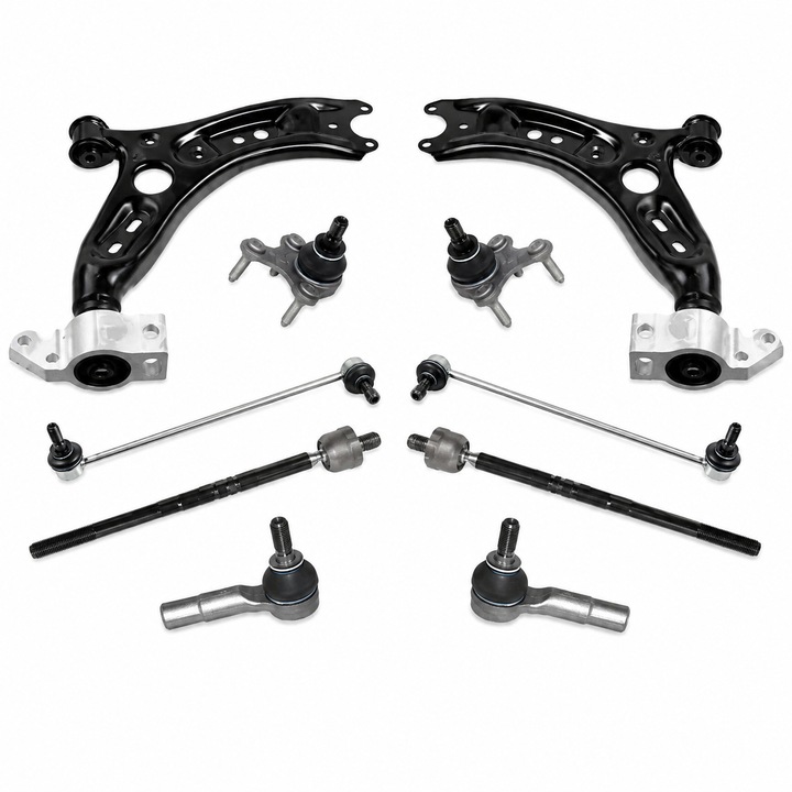 Utángyártott lengőkar készlet VW Tiguan 2007-2016, 10 darab, tartalmaz 2 lengőkart, 2 gömbfejet, 4 stabilizátor összekötőt, 2 kormányösszekötő gömbfejet