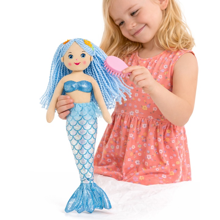 Papusa de plus Sirena Moramo, 43cm, albastru, cu paiete
