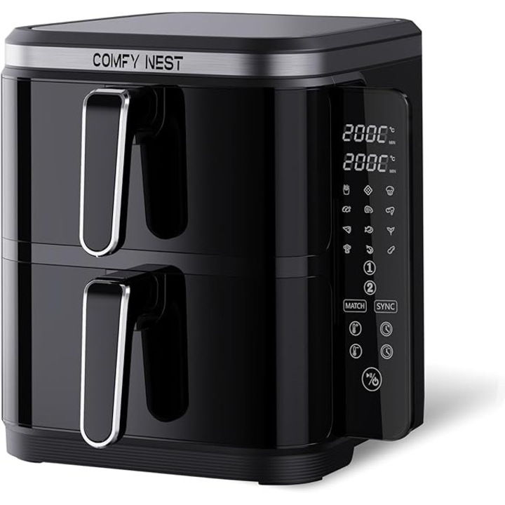 Comfy Nest – friteuza cu aer cald cu cos dublu de 11L, gatire simultana, ecran tactil digital, tehnologie Rapid Air, siguranta sporita, usor de curatat – 5, 5L + 5, 5L, negru