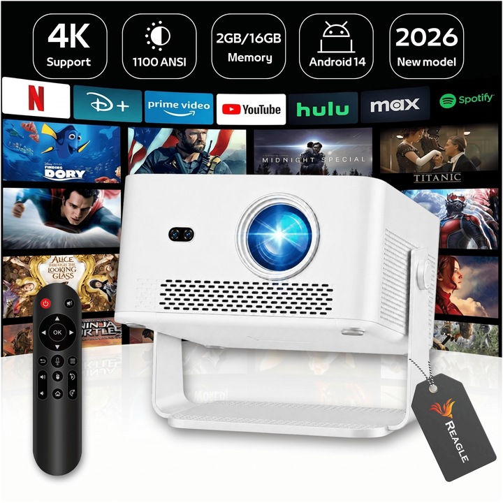 Преносим LED видеопроектор, REAGLE P60, 1100 ANSI лумена, Full HD 1080p, 4K Upscaling, 140", 2000:1, Android 14, Smart TV, HDMI, USB, Wi-Fi 6, Bluetooth 5.4, Miracast, HDR10+