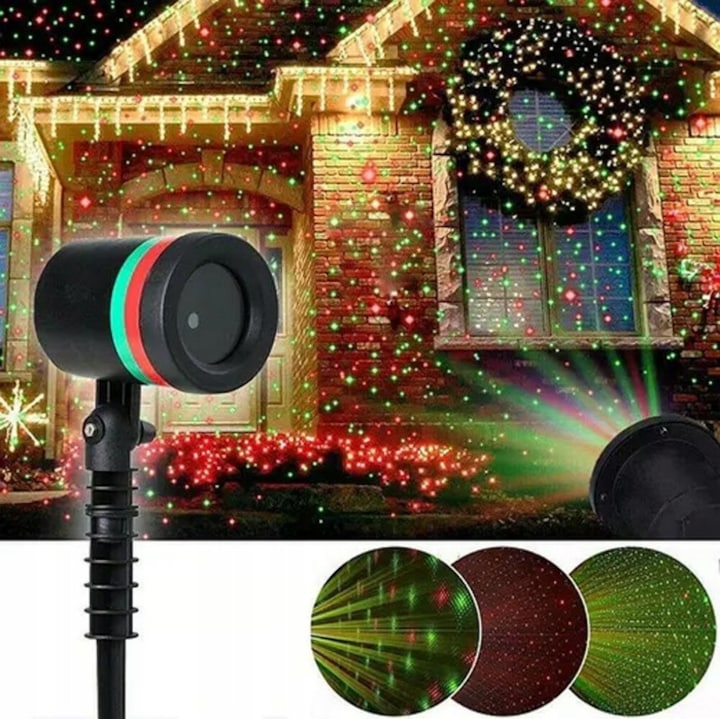 Proiector laser de Craciun fara marca, exterior, IP44, 5 W, 230 V, raza de actiune 100 m, senzor crepuscular, 3 culori, 9 functii, rosu, verde, alimentare, stift de montare, instructiuni