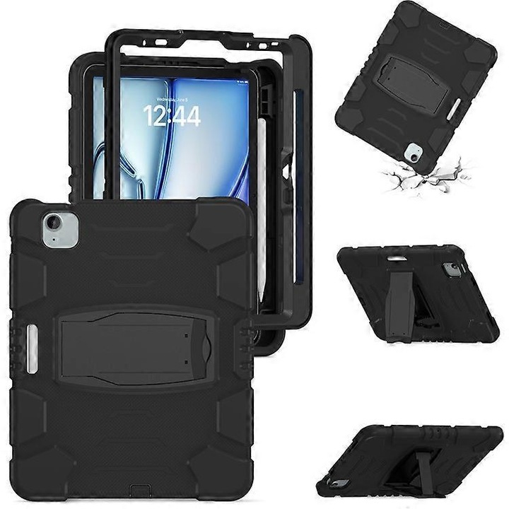 Husa tableta cu protectie colturi, suport integrat, negru, 11 inch