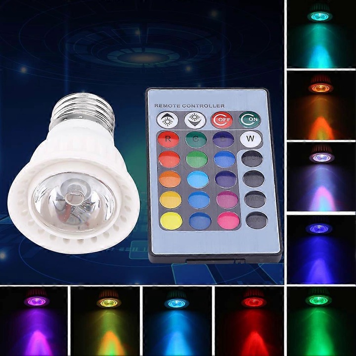 Bec LED RGB 3W E27 színváltós távirányítóval 9.3x6cm
