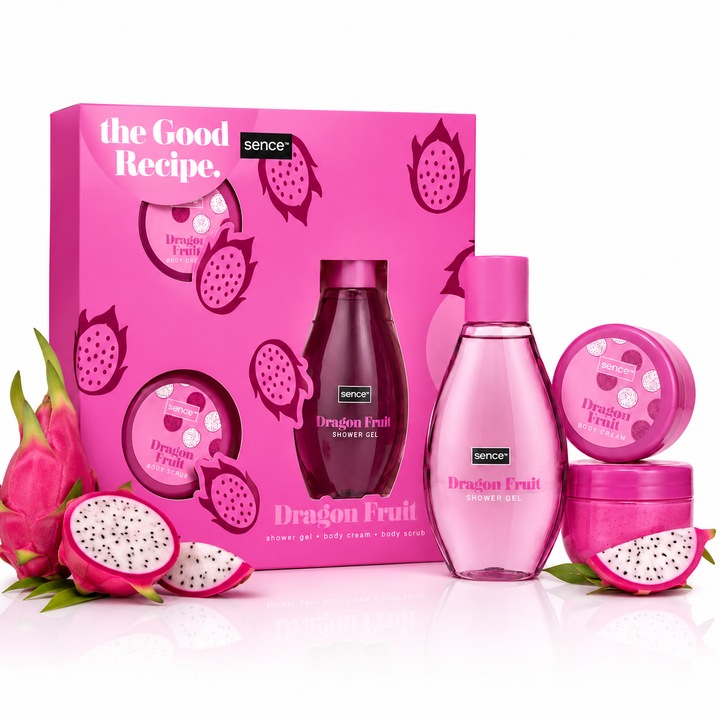 Sence® Sárkánygyümölcs Ajándékszett nőknek – Tusfürdő 150 ml, Testápoló krém 50 ml és Testradír 50 ml