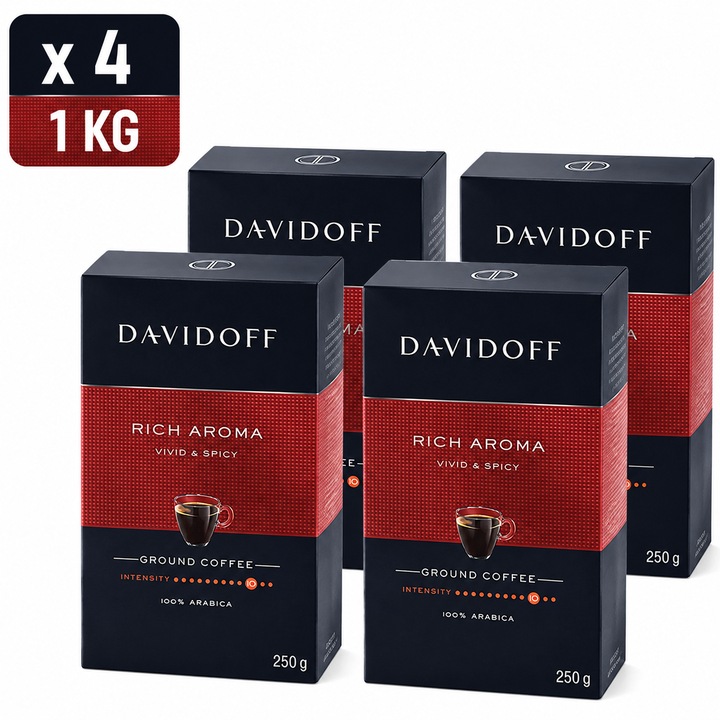 Set 4 Pachete Cafea Macinata Davidoff Rich Aroma, 250 g/Buc, Total 1 Kg