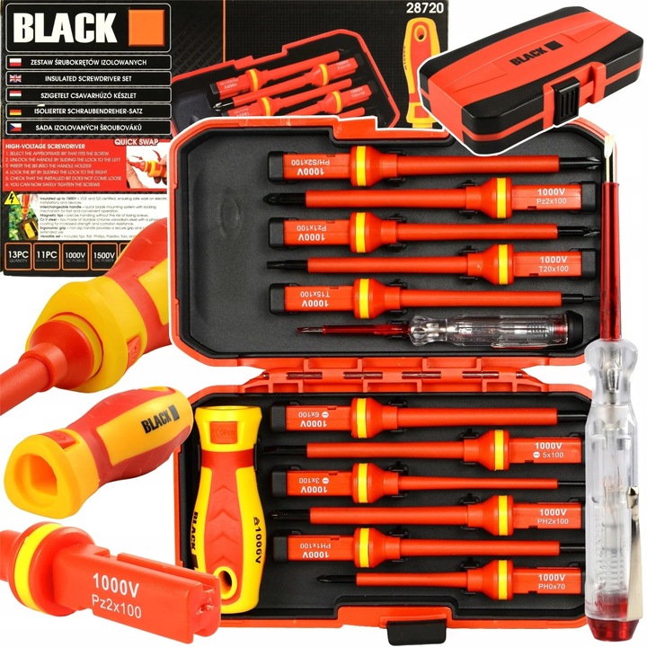 Set Surubelnite Izolate Profesionale VDE, 13 Piese, 1000V, Negru, cu Schimbare Rapida QUICK SWAP si Trusa Compacta